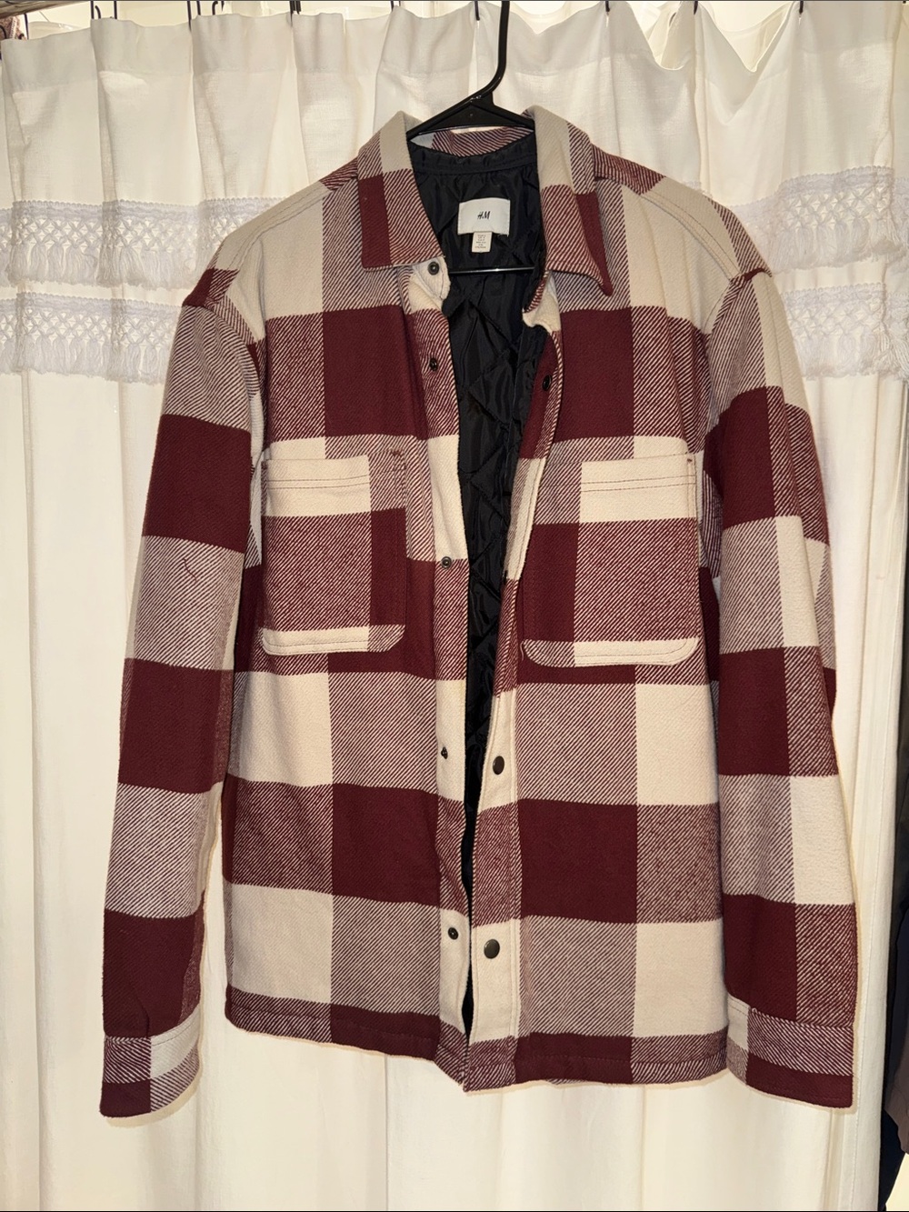 H&M Men’s Burgundy and Cream Plaid Shirt Jacket